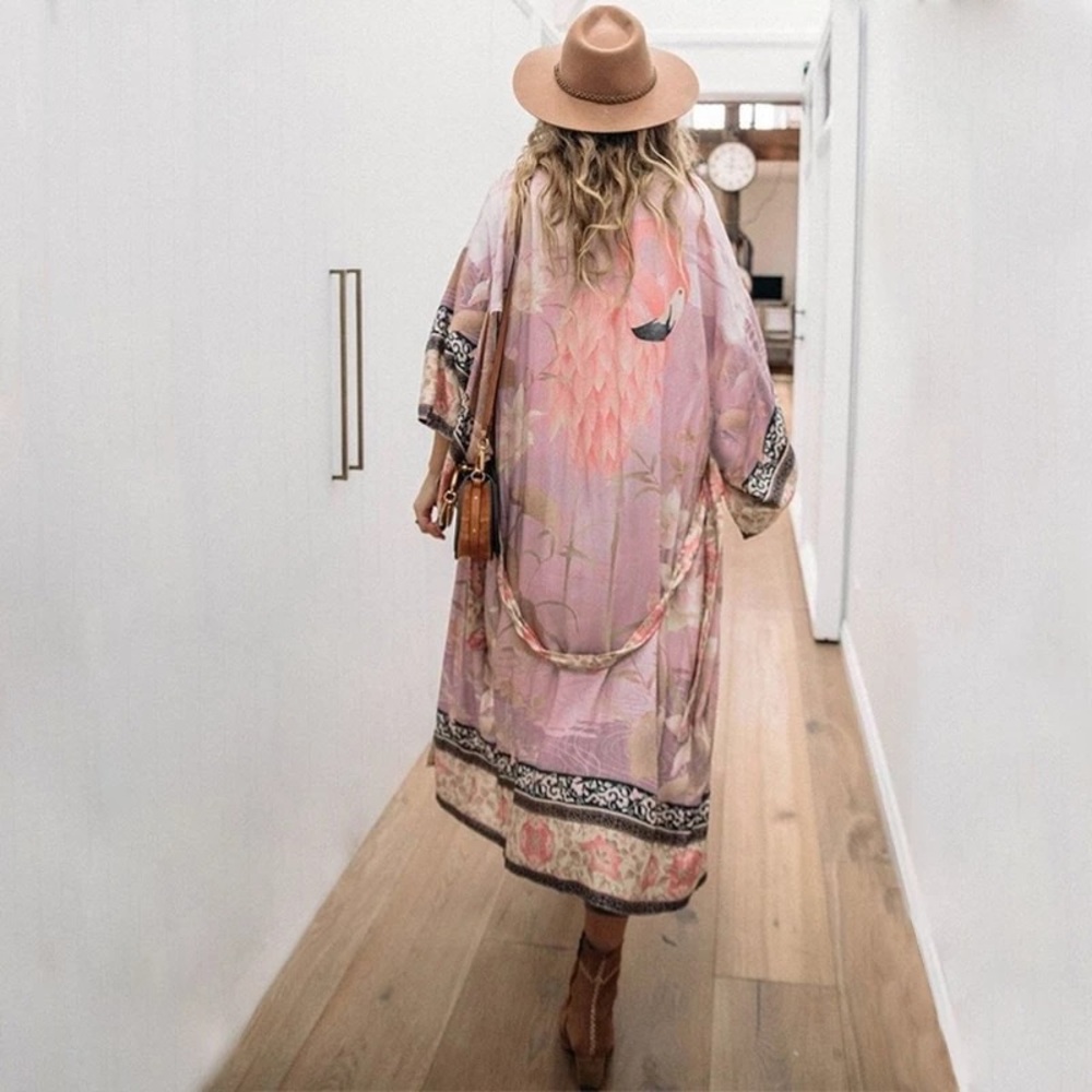 Gypsy Bohemian Kimono Duster In Mauve Pelican - Picture 8 of 11
